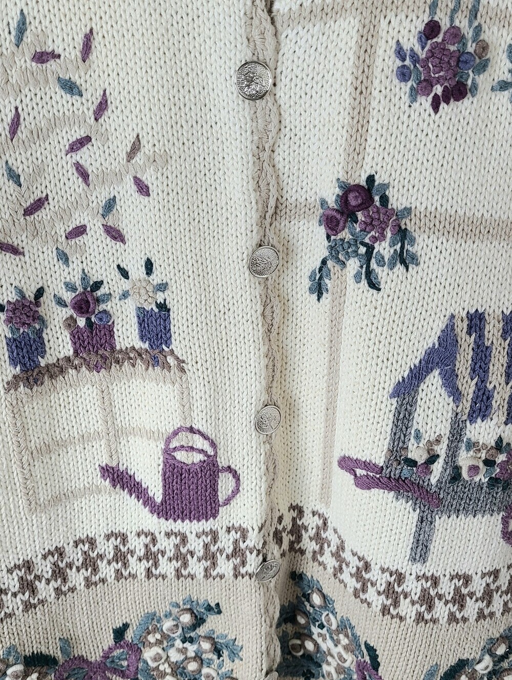 Hand Embroidered Floral Garden Ramie Blend Cardigan 90s Vintage Grandma Sweater - Picture 5 of 10